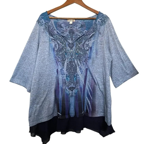 World Unity 3/4 Sleeves Rhinestones Artsy Boho Top Size 3X - Picture 1 of 6